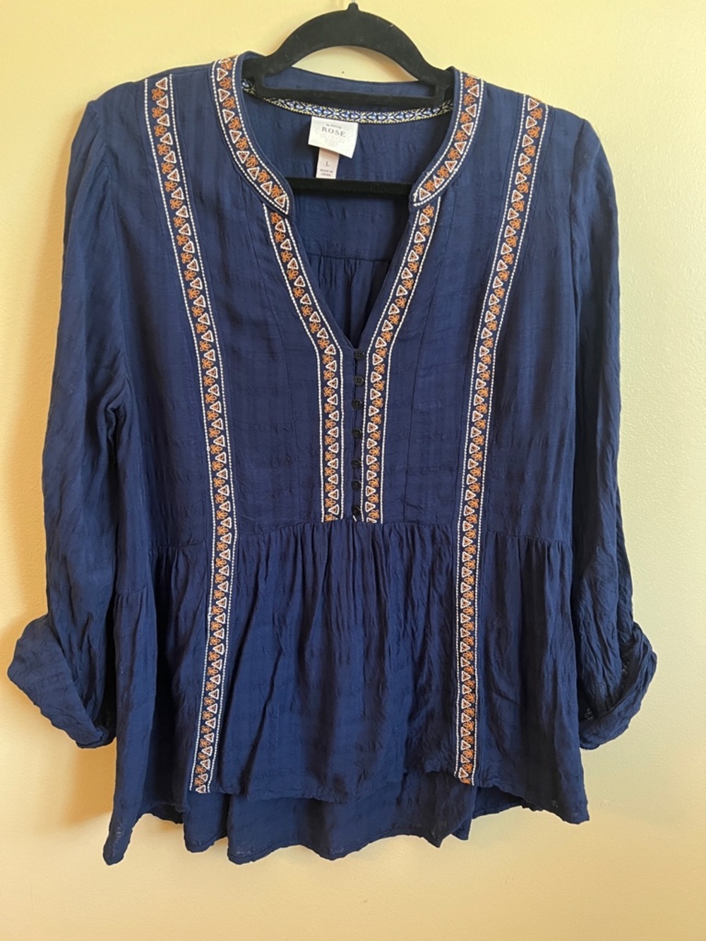 Knox Rose Women’s Large Navy Embroidered Boho Peasant Blouse Tunic Top